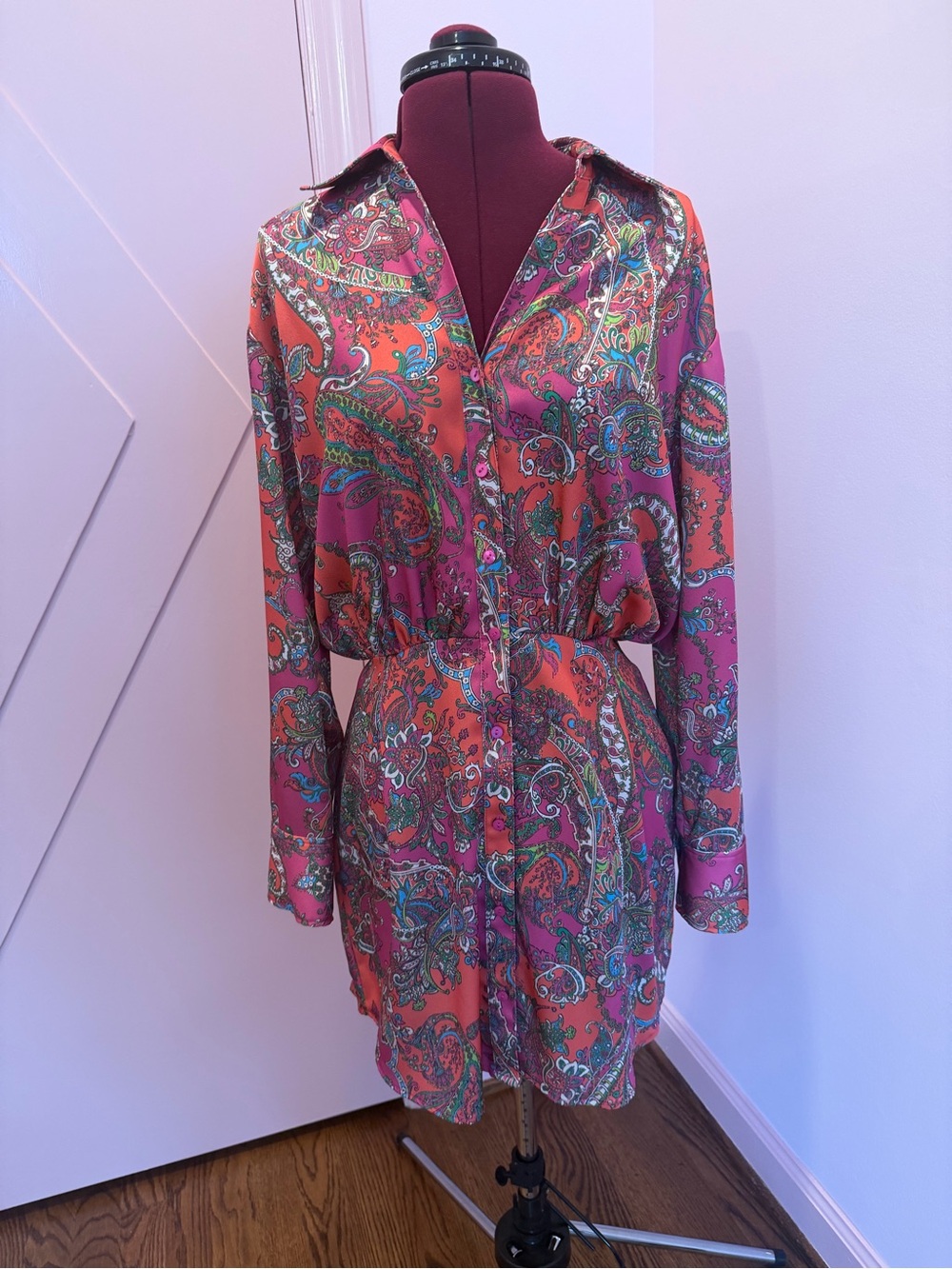 L'AGENCE Pink and Orange Paisley Long Sleeve Dress